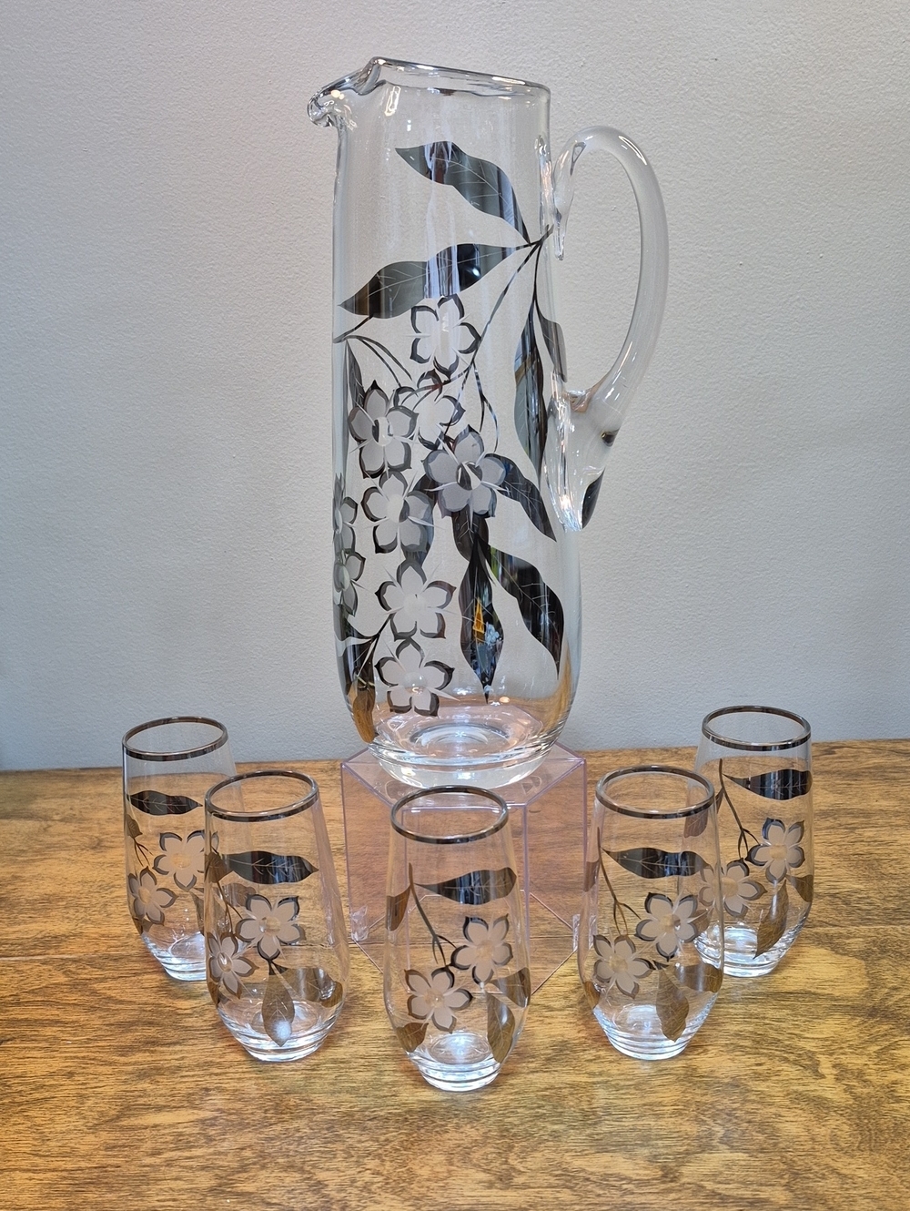 VINTAGE MCM Glass Pitcher and Tumbler Set with Metallic Silver Floral Design